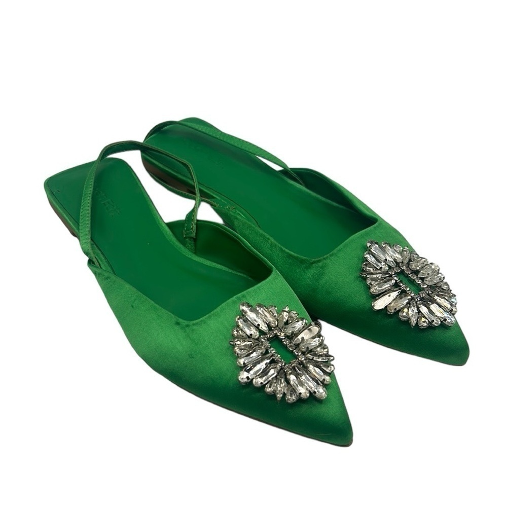Open Edit Kelly Green Satin Pointed Toe Sling‎ Back Rhinestone Shoes Size 6